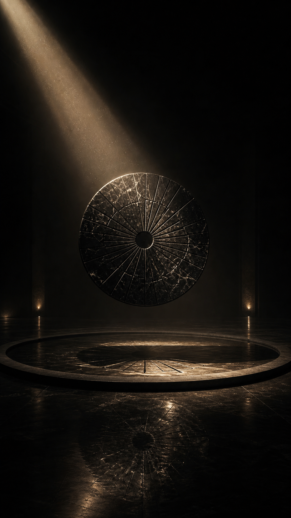 A floating black circular sundial sculpture revealed by a warm spotlight.