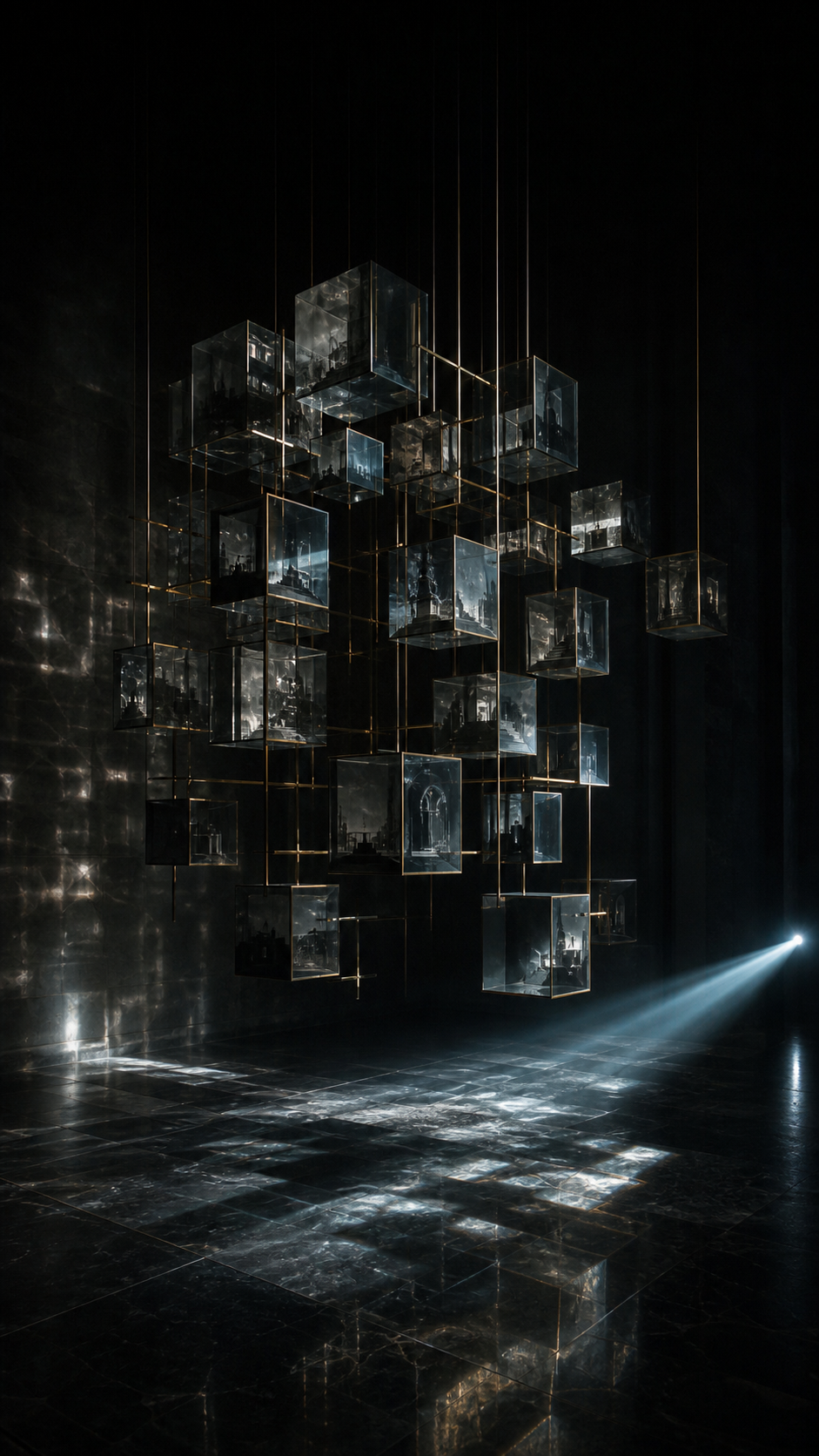 Suspended smoked glass cubes and brass rods refracting a narrow beam.