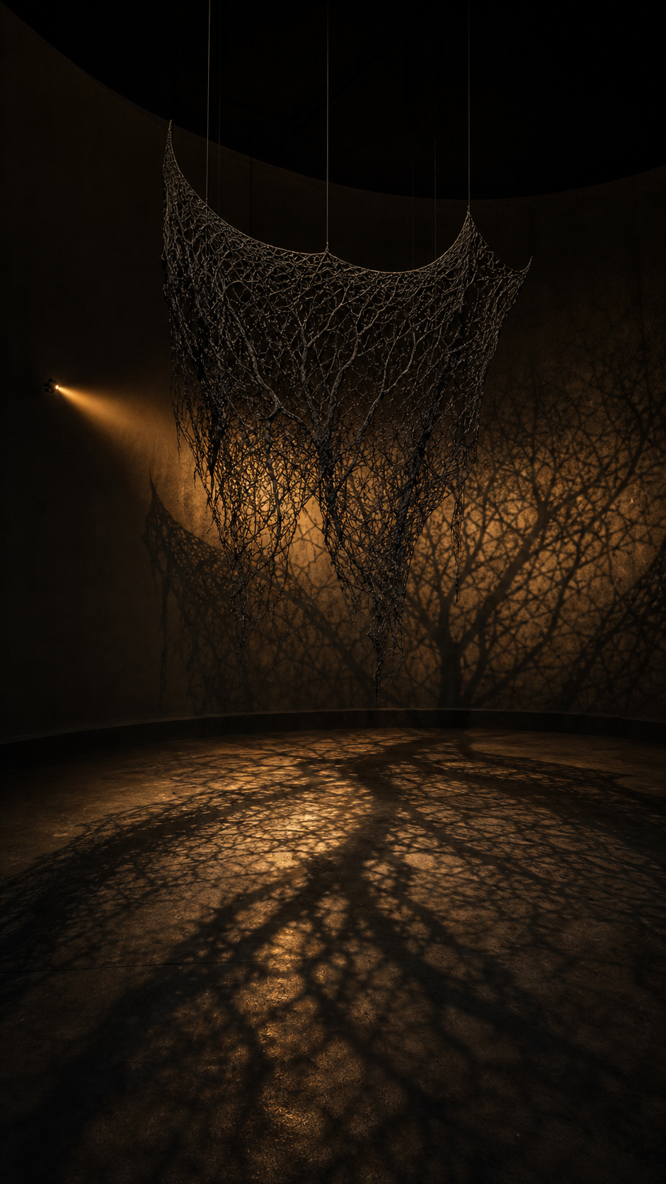 A hanging ceramic root veil casting tree-like shadows across a curved wall.