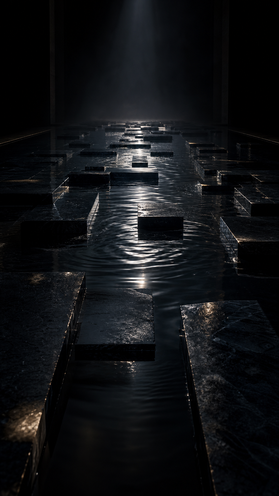 Black mirrored stone slabs emerging from shallow water in a dark museum hall.